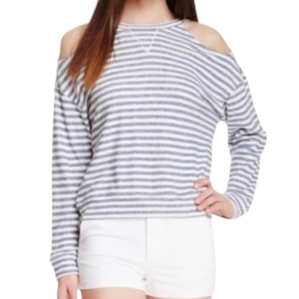 BCBGMAXAZRIA Black Striped Cold Shoulder French Terry Knit Sweatshirt Top Small